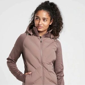 Athleta Womens L Large Inlet Jacket Smoked Almond Brown Down Puffer Coat Purple
